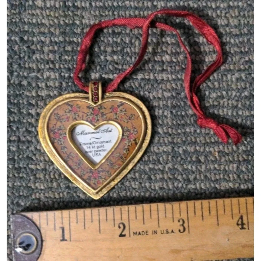 Vintage Maximal Art Heart Frame Ornament Gold Plated Pewter Handing Red Stones